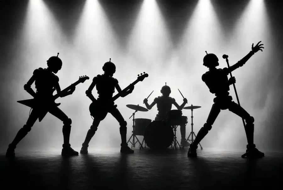Silhouettes of a robot band performing on a lit stage under dramatic spotlights, symbolizing the contrast between artificial intelligence and the irreplaceable human presence of live music.
