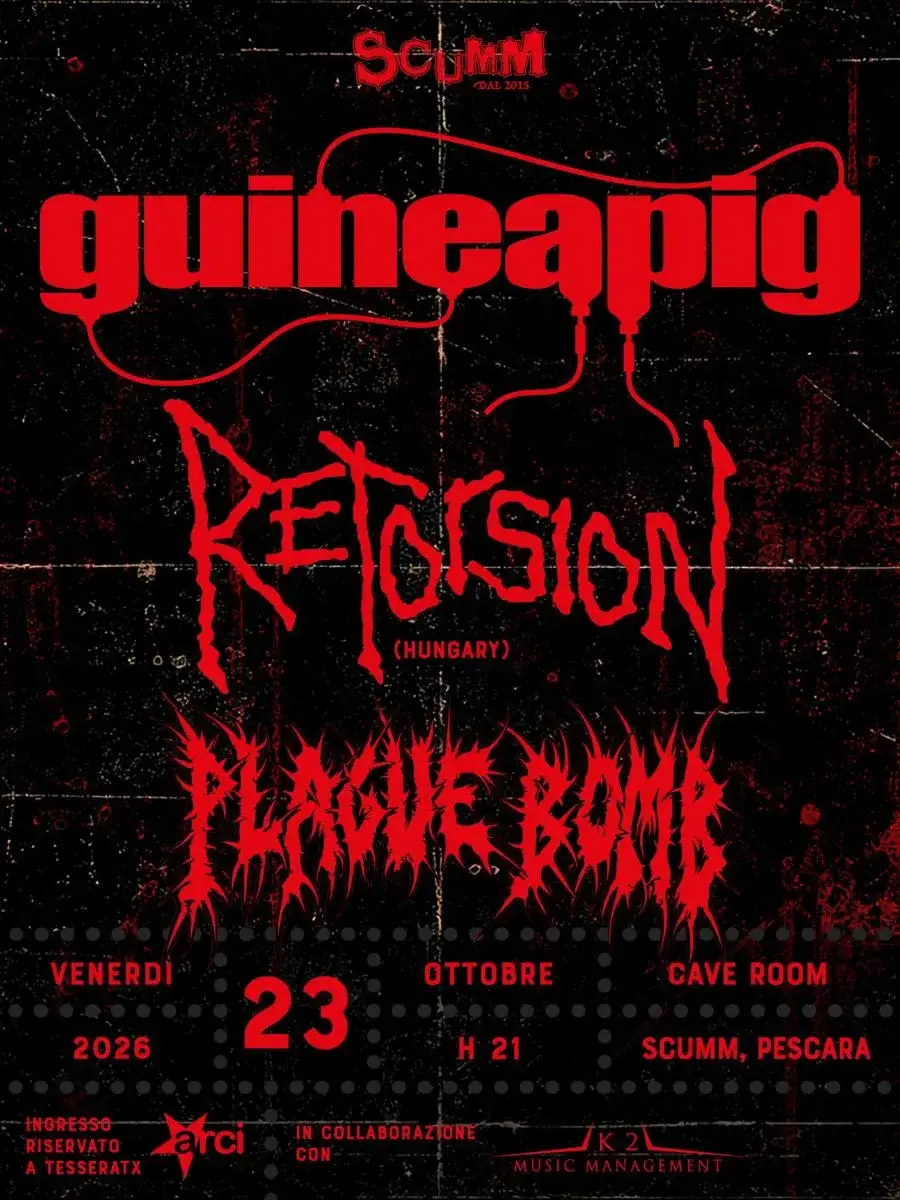 Event flyer for Guineapig + Retorsion + Plague Bomb, live in Pescara on 23 October 2026
