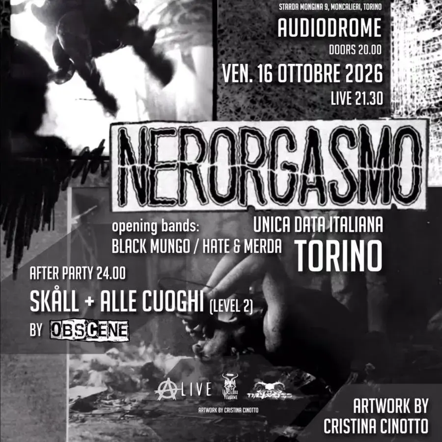 Event flyer for Nerorgasmo, live in Moncalieri on 16 October 2026