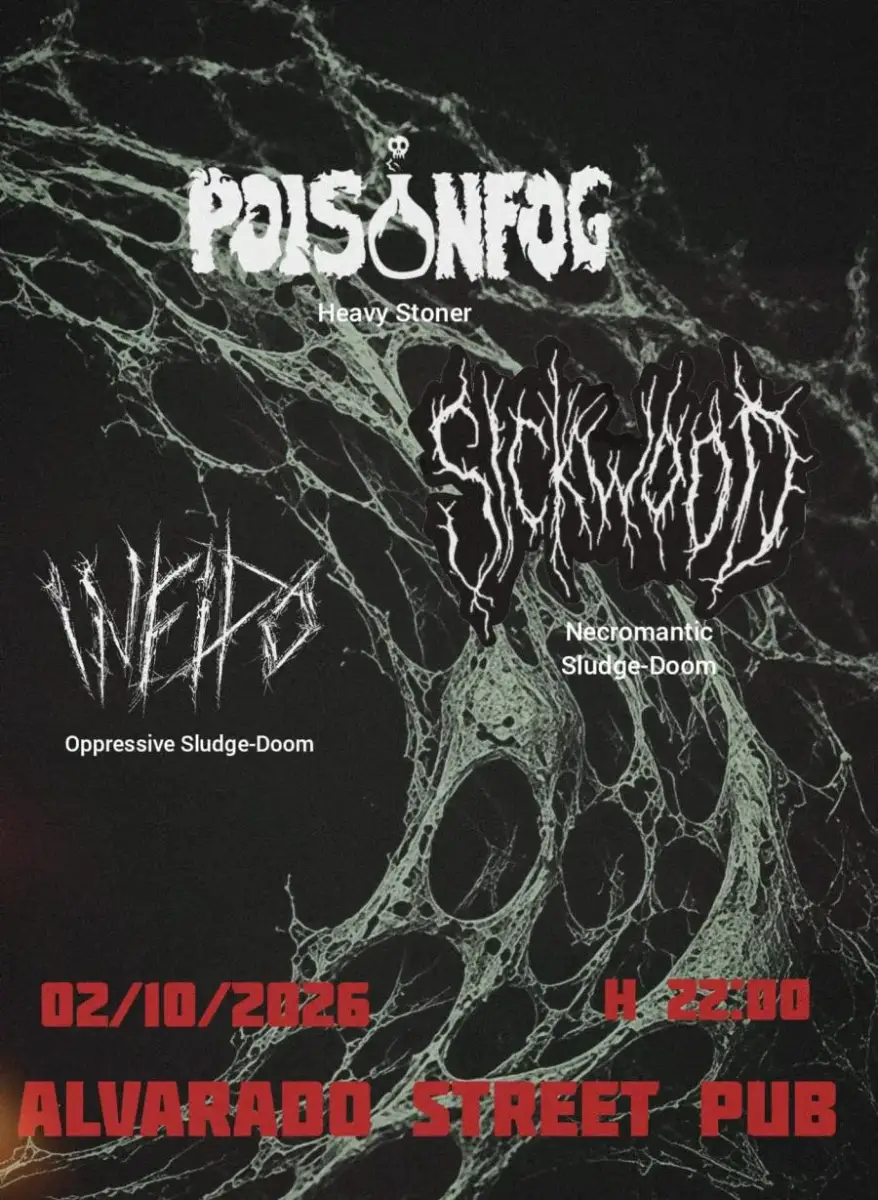 Event flyer for Sickwood + Poison FOG + Infido, live in Rome on 2 October 2026